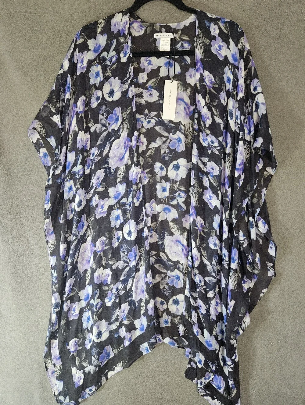 Rebecca Minkoff sheer black purple floral kimono Midnight Garden ruana wrap NWT